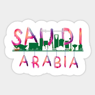 Saudi Arabia watercolor  Landmarks - pink lettering ( Saudicraft Serenity ) Sticker